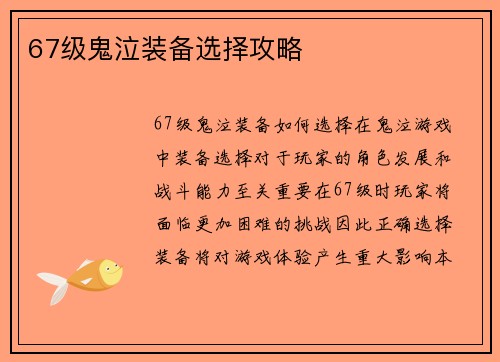 67级鬼泣装备选择攻略